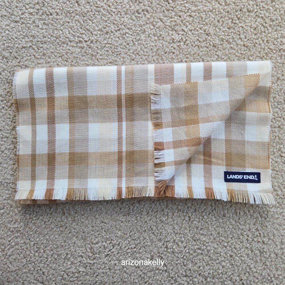 NWOT Lands' End Cashtouch Plaid Scarf Tan White - Picture 7 of 7